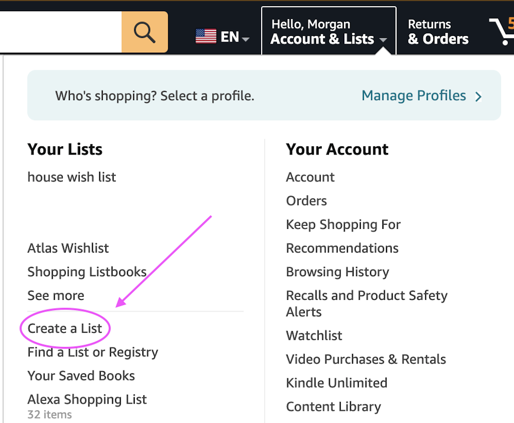 amazon wishlist step 1
